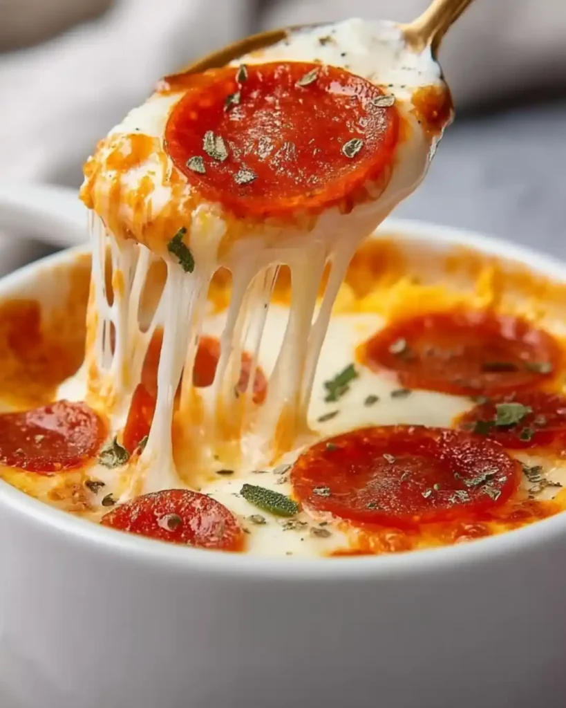 Cottage Cheese Pizza Bowl with melted mozzarella, pepperoni slices, and Italian seasoning in a small ramekin