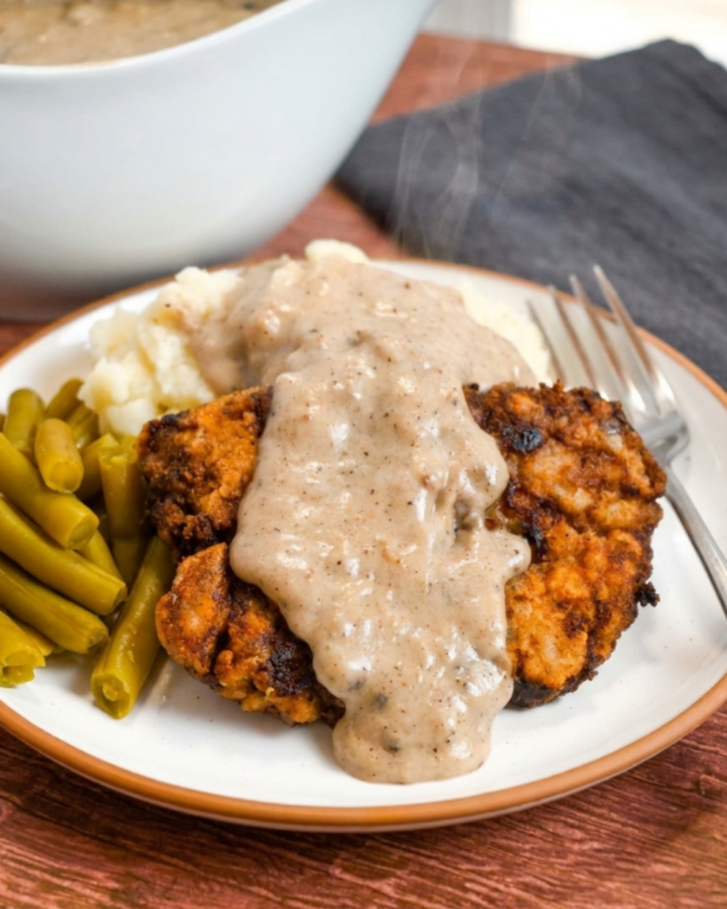 Gluten-Free Chicken Fried Steak topped with creamy pepper gravy