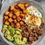 cottage cheese taco bowl with beef and sweet potatoes
