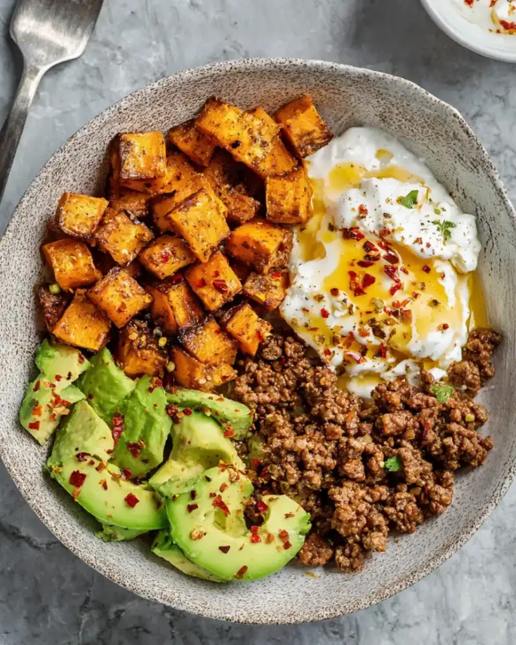 cottage cheese taco bowl with beef and sweet potatoes