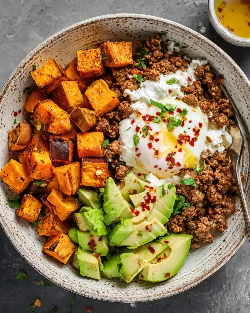 cottage cheese taco bowl with beef and sweet potatoes
