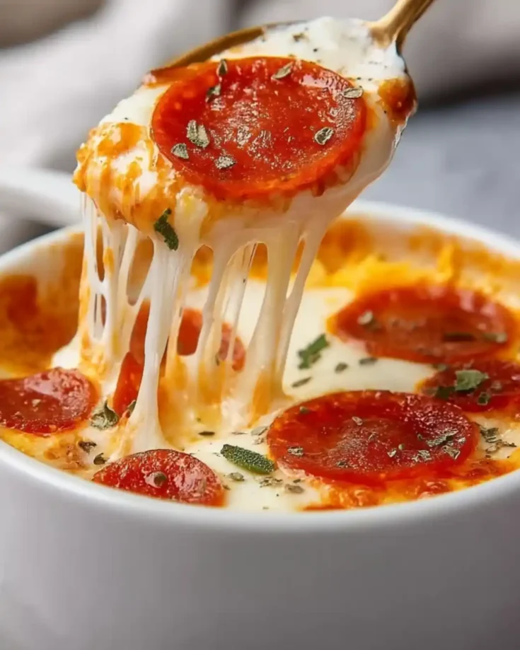 Cottage Cheese Pizza Bowl with melted mozzarella, pepperoni slices, and Italian seasoning in a small ramekin